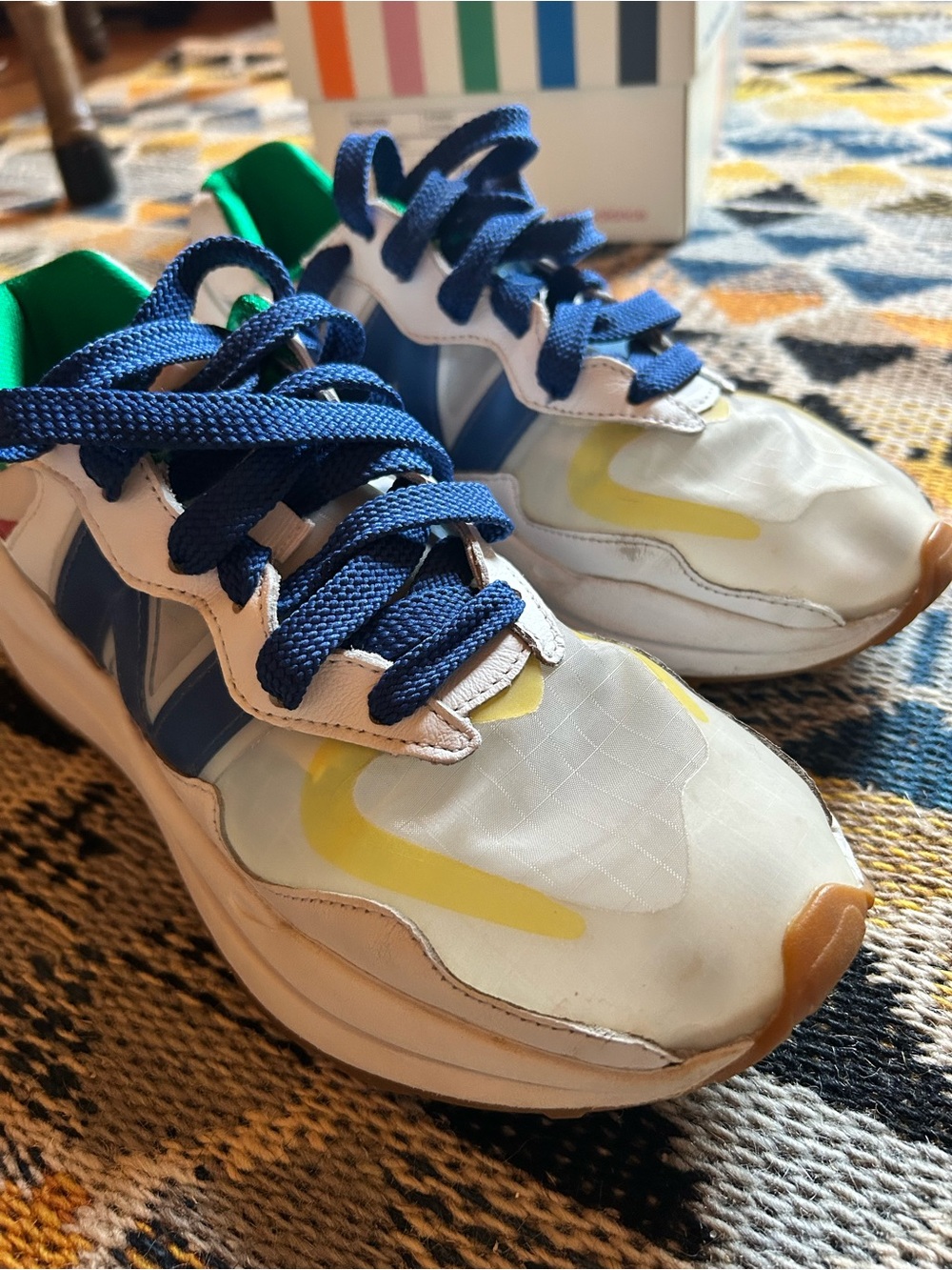New Balance x Staud sneakers in White, Blue & Yellow